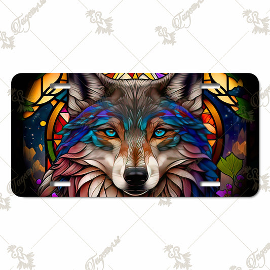 Vivid Wolf Head Aluminum License Plate – Sublimated Stained Glass Art with Intricate Nature-Themed Design