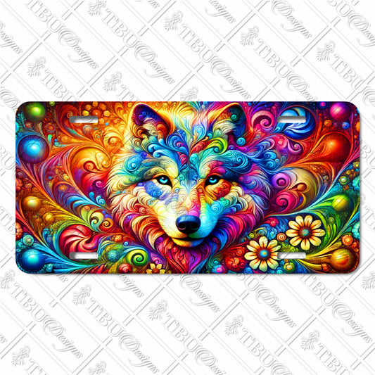 Vivid Wolf Spirit Aluminum License Plate – Colorful Abstract Sublimation Art with Floral and Swirling Patterns