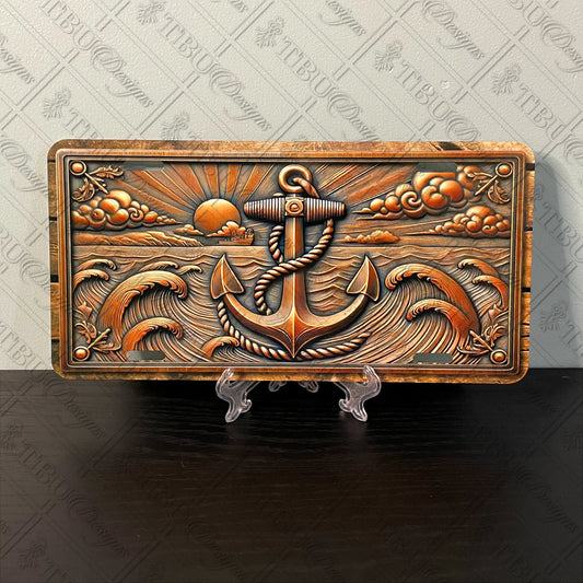 Nautical Anchor and Waves Design Metal License Plate – Rustic Copper Finish – Car Tag – Aluminum Sublimation Print