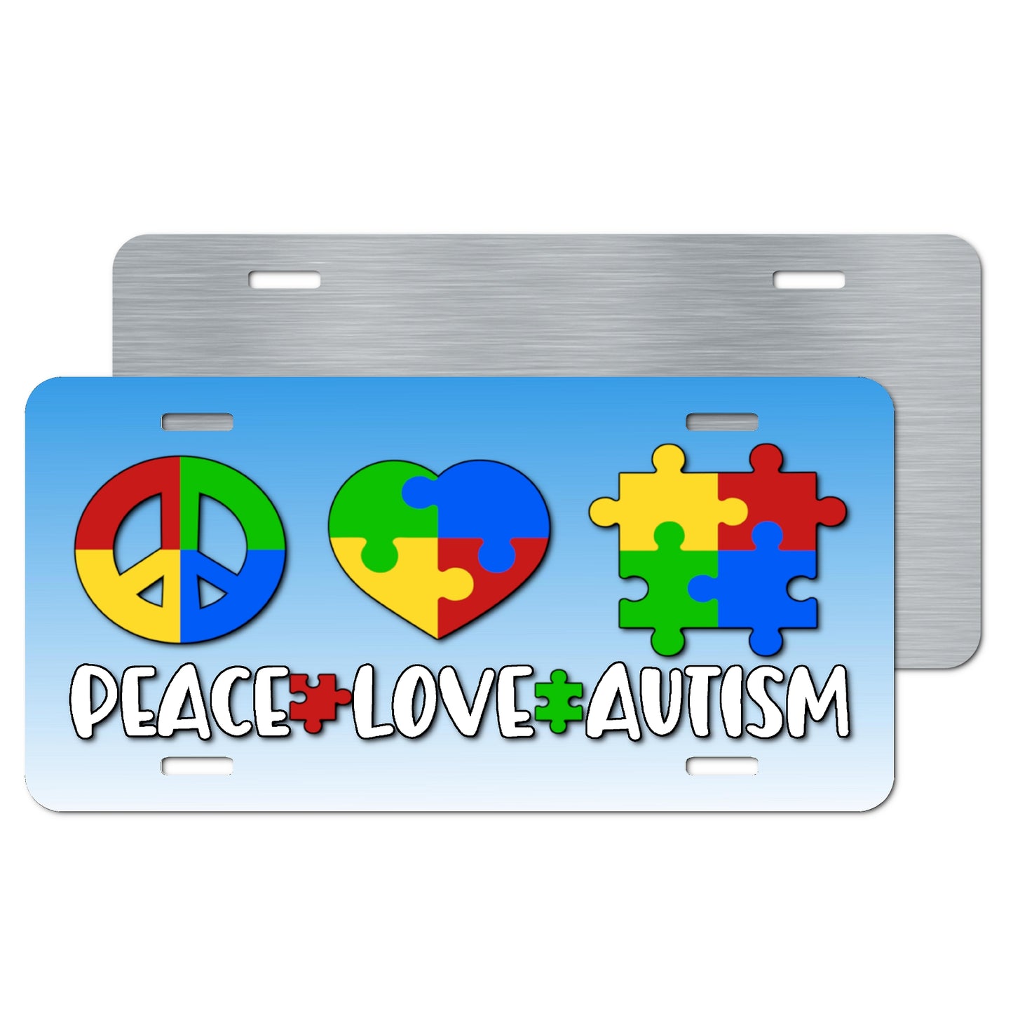 Peace Love Autism Sublimated Aluminum License Plate – Colorful Puzzle Piece Design for Car, SUV, or Truck, Promoting Awareness and Acceptance