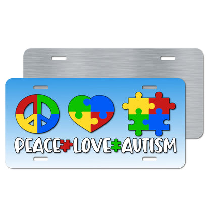 Peace Love Autism Sublimated Aluminum License Plate – Colorful Puzzle Piece Design for Car, SUV, or Truck, Promoting Awareness and Acceptance