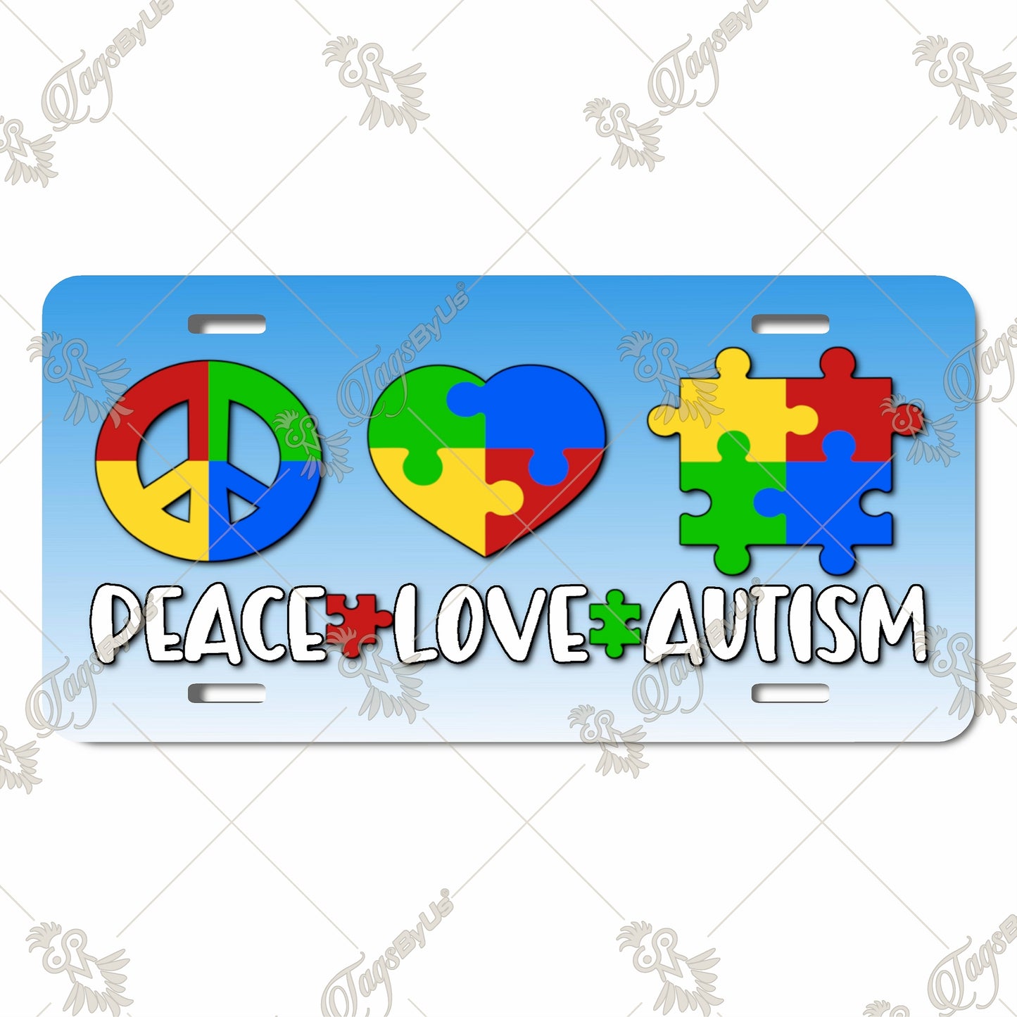 Peace Love Autism Sublimated Aluminum License Plate – Colorful Puzzle Piece Design for Car, SUV, or Truck, Promoting Awareness and Acceptance