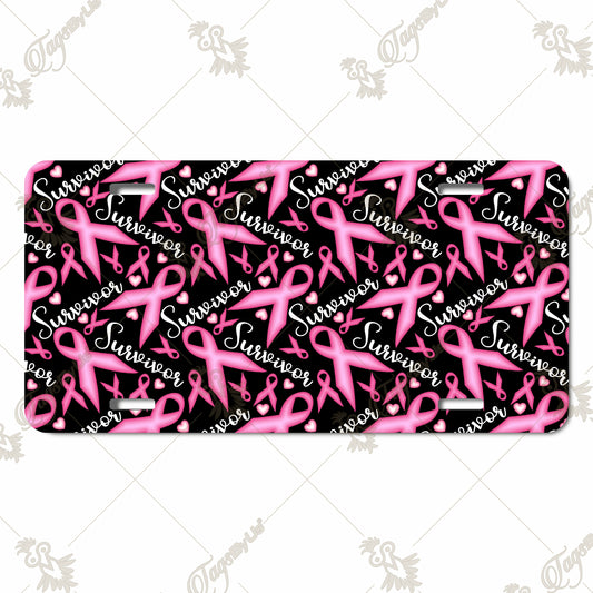 Aluminum License Plate – Breast Cancer Awareness Sublimation Print with Pink Survivor Ribbons and Heart Accents