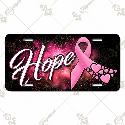 Hope Breast Cancer Awareness Aluminum License Plate - Pink Ribbon Sublimation Design with Hearts & Inspirational Message