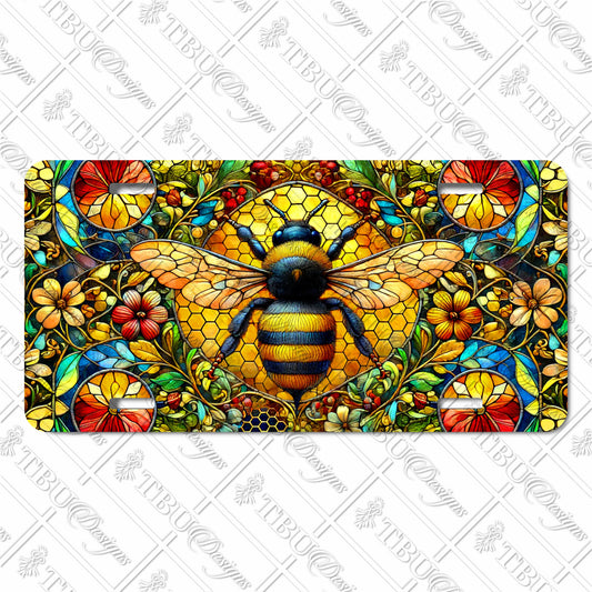 Honeybee and Flowers Aluminum License Plate - Vibrant Stained-Glass Style Design with Honeycomb Background - UV-Protected Sublimation Print