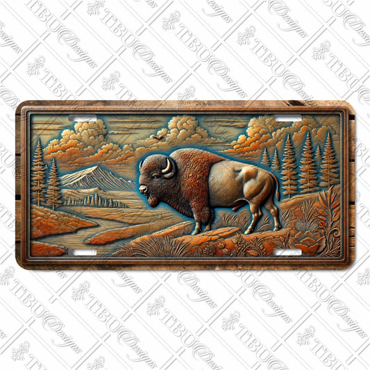 Rustic Bison in Wilderness Landscape Sublimation Printed Aluminum License Plate - Durable and Vibrant Wildlife Design