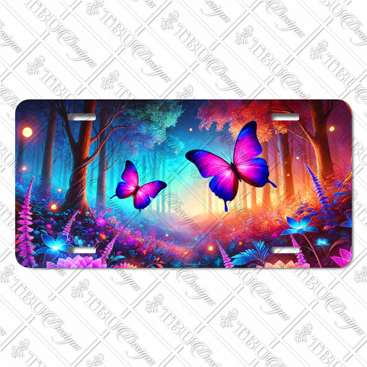 Vibrant Butterfly Forest Aluminum License Plate – Sublimation Printed, Colorful Enchanted Woodland Scene with Glowing Butterflies