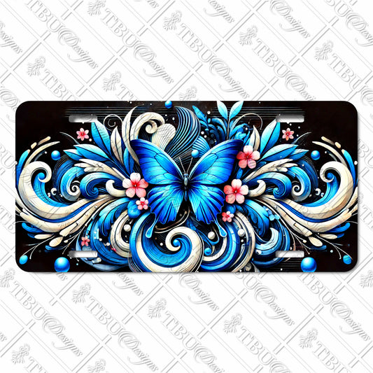 Vivid Blue Butterfly and Swirling Floral Aluminum License Plate – Decorative Sublimation Print for Cars, Trucks, and Trailers