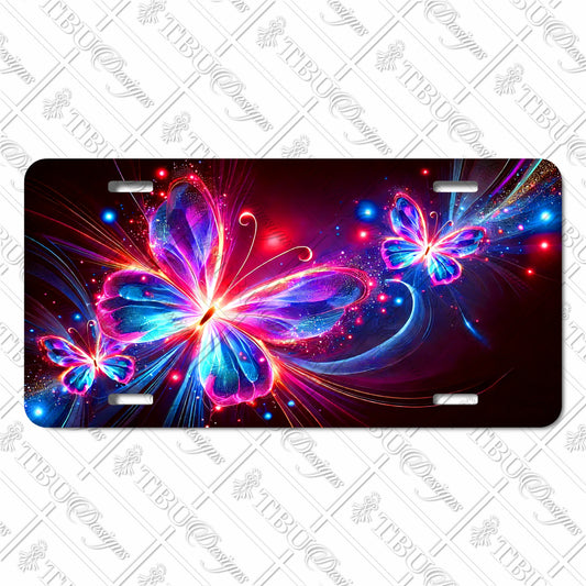 Neon Butterfly Burst Aluminum License Plate – Vibrant Sublimation Print with Colorful, Glowing Butterflies for Cars, Trucks, and Trailers