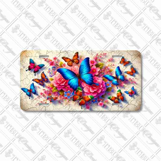 Elegant Blue Butterflies and Floral Design Aluminum License Plate - Vibrant Sublimation Print for Personalized Car Décor