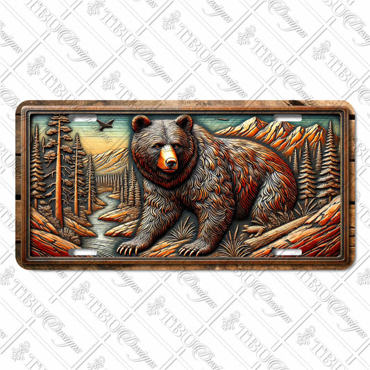 Majestic Black Bear Aluminum License Plate – Vibrant Wilderness Art with Mountains, Forest, and River Sublimation Print