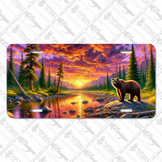 Majestic Bear at Sunset Aluminum License Plate – Vibrant Mountain Scene Sublimation Print for Outdoor Enthusiasts and Nature Lovers