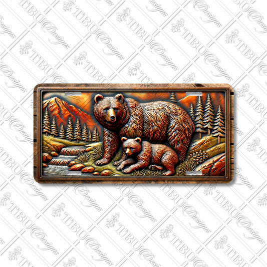 Rustic Mama Bear and Cub Aluminum License Plate - Wildlife Art with Sublimation Print for Outdoor and Nature Lovers