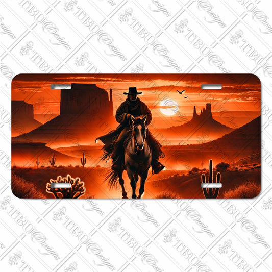 Rustic Western Cowboy Aluminum License Plate – Desert Sunset Sublimation Print with Horse Rider & Cactus Landscape