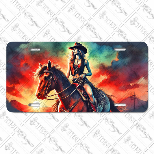 Vivid Western Cowgirl on Horseback Aluminum License Plate – Sublimation Print for Cars, Trucks, and Decor – Durable and Unique Artwork