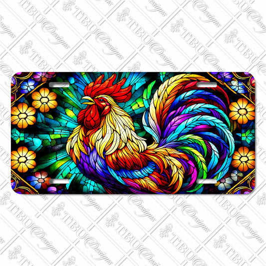 Vibrant Rooster Aluminum License Plate – Stained Glass-Style Design with Bold Colors, Perfect for Cars, Trucks, and Decorative Displays