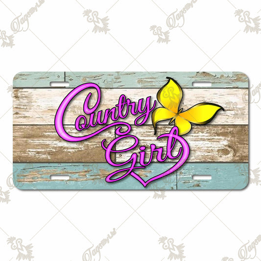 Country Girl Aluminum License Plate with Yellow Butterfly and Rustic Wood Print – Durable Sublimation Printed Car Accessory