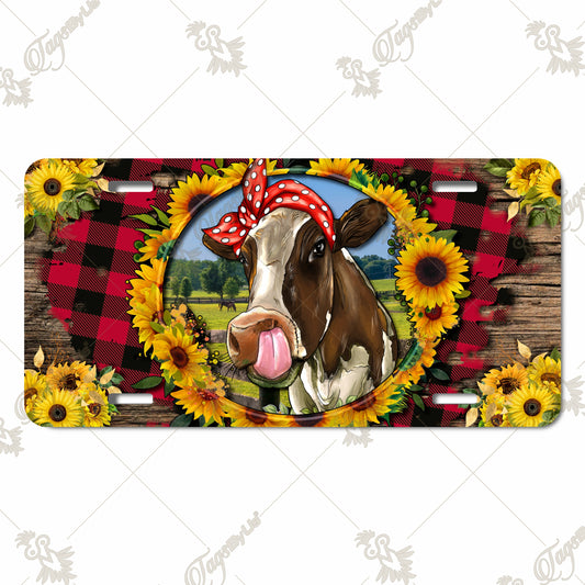 Rustic Farm Cow License Plate – Sublimation Printed Aluminum Plate with Sunflowers, Plaid Background, and Cute Cow in Polka Dot Bandana