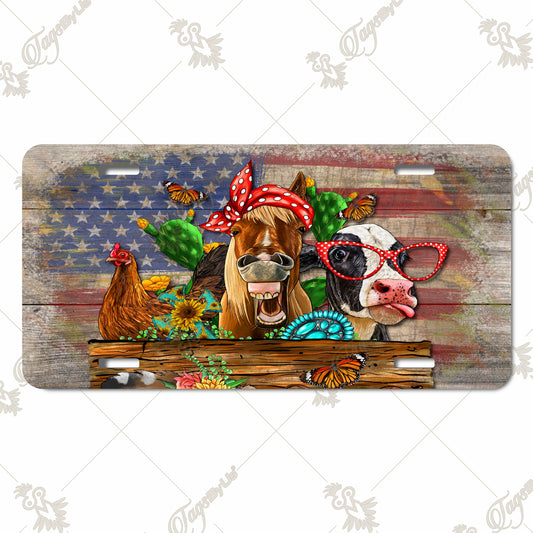 Farm Animals Funny License Plate - Whimsical Horse, Cow & Chicken Design on Rustic American Flag Aluminum Plate for Cars & Trucks