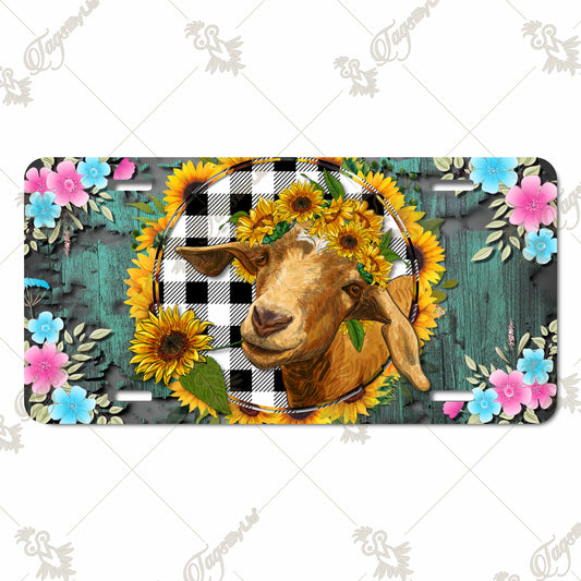 Farmhouse Charm Aluminum License Plate – Goat with Sunflower Crown, Buffalo Plaid, Floral Accents, Rustic Teal Sublimation Print