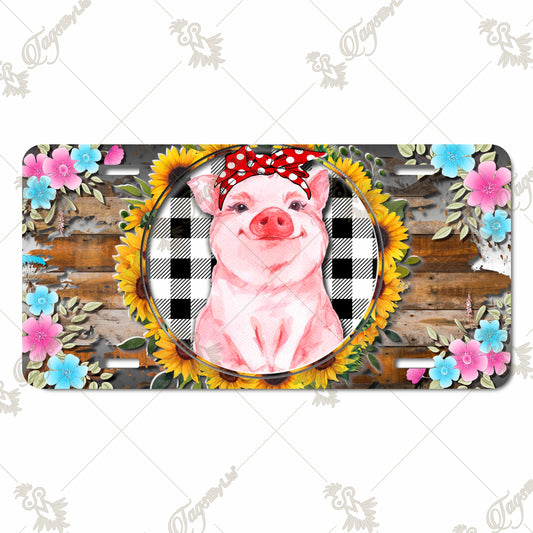 Charming Piggy with Sunflowers and Rustic Floral Accents Aluminum License Plate – Cute Country Chic Sublimation Design