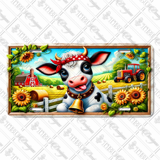 Whimsical Farm Cow Aluminum License Plate – Cute Cartoon Design with Sunflowers, Barn, Tractor, and Bell Charm