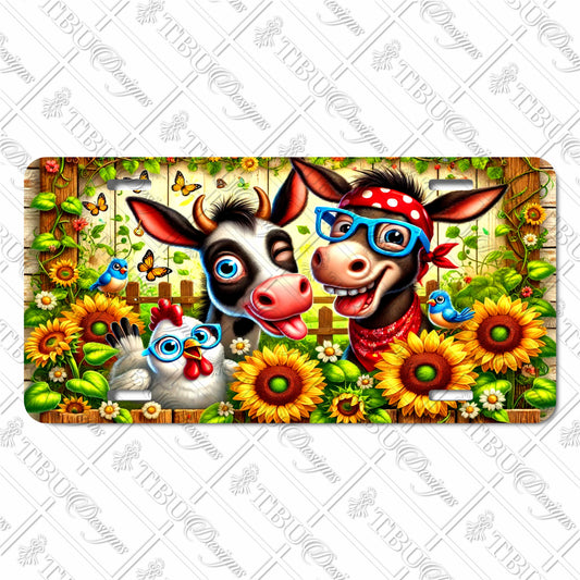 Farm Friends Fun: Colorful Cow, Donkey, Chicken, and Sunflower Aluminum License Plate - Whimsical Farm Animal Sublimation Print