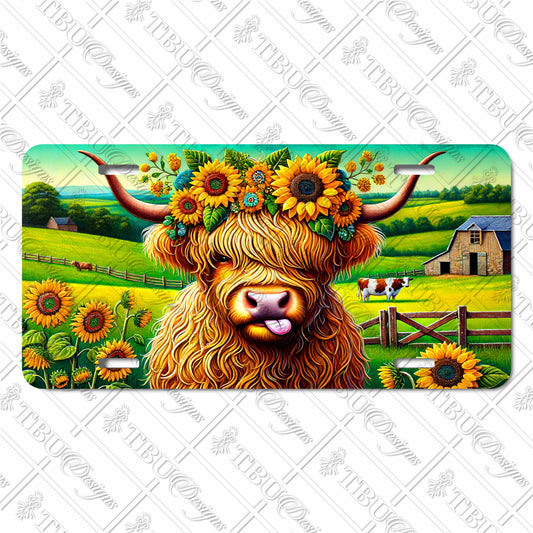 Charming Highland Cow Aluminum License Plate – Cute Farm Scene with Sunflowers and Rustic Barn, Perfect for Country Lovers