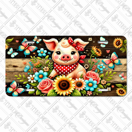 Whimsical Farm Pig with Flowers and Butterflies Aluminum License Plate - Rustic Wood Background Sublimation Print