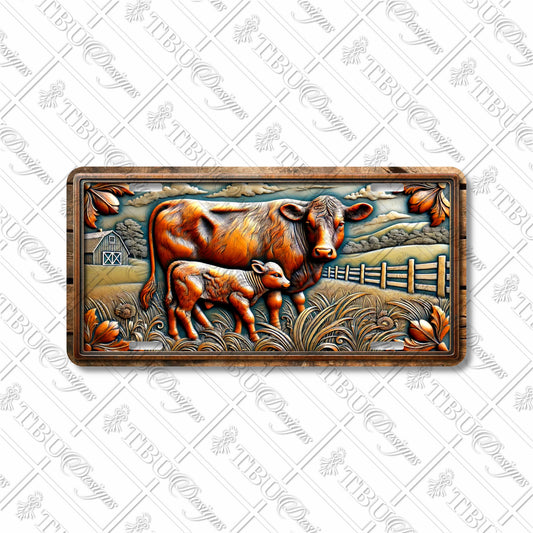 Farm Scene Aluminum License Plate Featuring Mama Cow and Calf - Rustic Sublimation Print for Vehicles or Decor