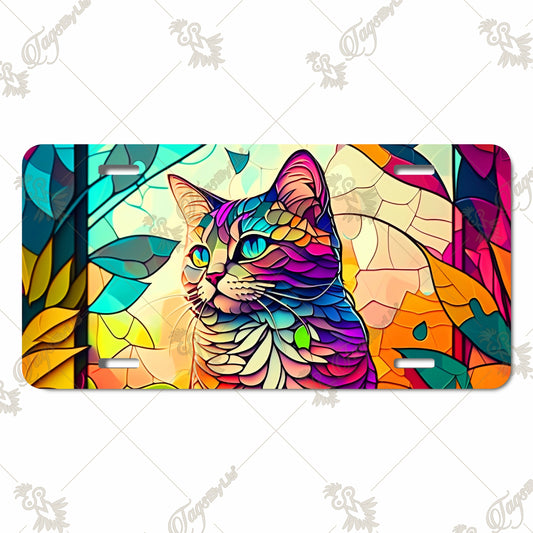 Vibrant Stained Glass Cat Art Aluminum License Plate – Colorful Sublimation Print, Perfect for Cat Lovers and Unique Vehicle Decor