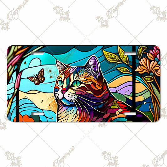 Vibrant Cat in Stained Glass Art Style Aluminum License Plate – Unique Colorful Sublimation Print for Car Decoration or Gift