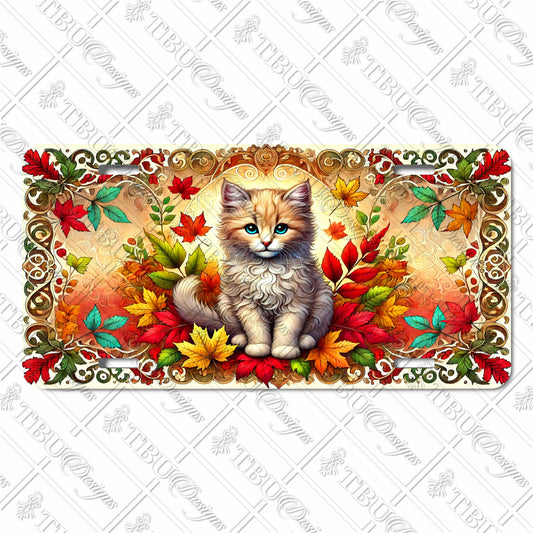 Charming Autumn Kitten Aluminum License Plate - Art Nouveau Style with Vibrant Fall Leaves and Ornate Border, Perfect for Cat Lovers