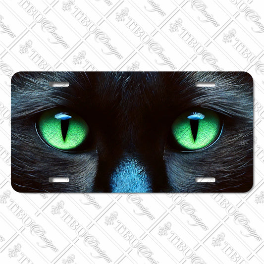 Stunning Black Cat Eyes Aluminum License Plate – Vibrant Green Eyes Sublimation Print – Unique Animal Lover Car Accessory by TBU Designs