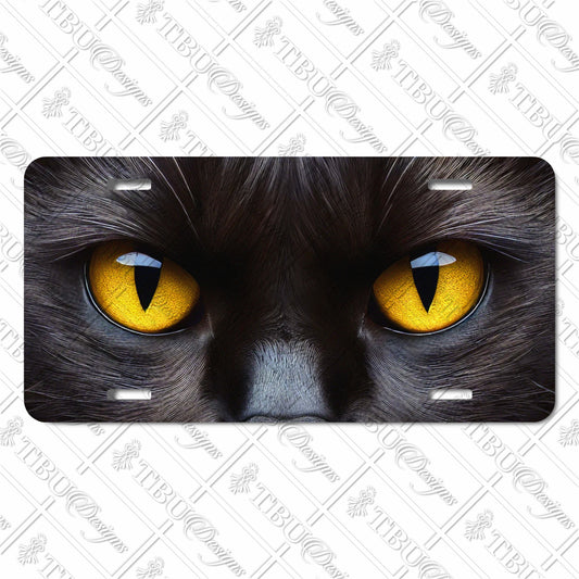 Mesmerizing Cat Eyes Aluminum License Plate - Bold Black Fur & Intense Golden Eyes Sublimation Print for Car, Truck, or SUV Decoration