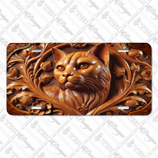 Elegant Cat and Floral Wooden Carving Design Sublimated Aluminum License Plate – Unique Decorative License Plate for Car Lovers