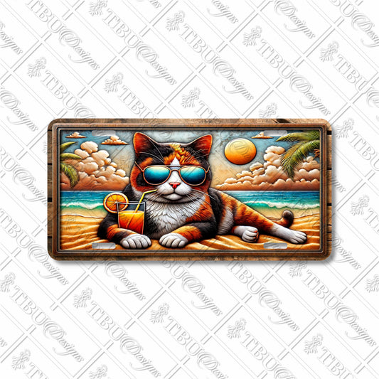 Beach Cat Aluminum License Plate - Sublimation Print with Tropical Calico Design, Perfect for Cat Lovers and Beach Enthusiasts