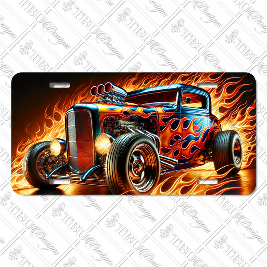 Custom Hot Rod Flames Aluminum License Plate - High Gloss Sublimation Print for Classic Car Enthusiasts, Durable and Weatherproof