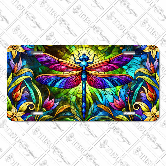 Vibrant Stained Glass Dragonfly Aluminum License Plate - Colorful Floral Design, Durable Sublimation Print for Car, Truck, or SUV Decor