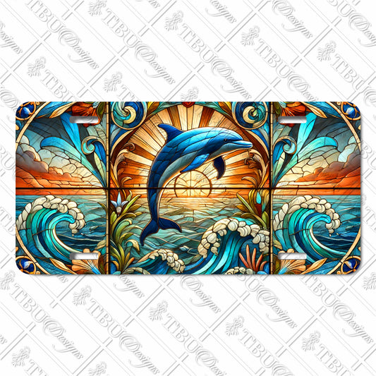 Vibrant Dolphin-Stained Glass Ocean Scene Sublimated Aluminum License Plate – Unique Beach Art Decor for Car, Truck, or RV