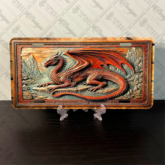 Majestic Dragon Landscape Aluminum License Plate - Intricate Sublimation Print - Durable, Unique Gift for Fantasy & Mythology Lovers