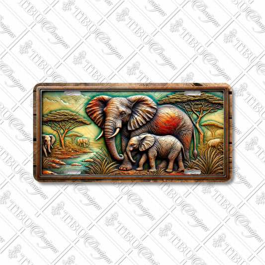 Majestic Elephant Family Scene Aluminum License Plate - Vibrant Sublimation Art for Animal Lovers and Nature Enthusiasts