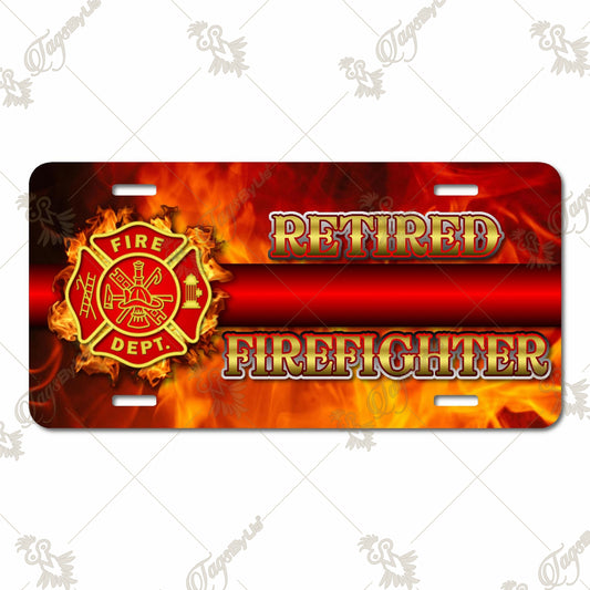 Retired Firefighter Aluminum License Plate – Sublimated Print with Fire Dept Maltese Cross and Fiery Background