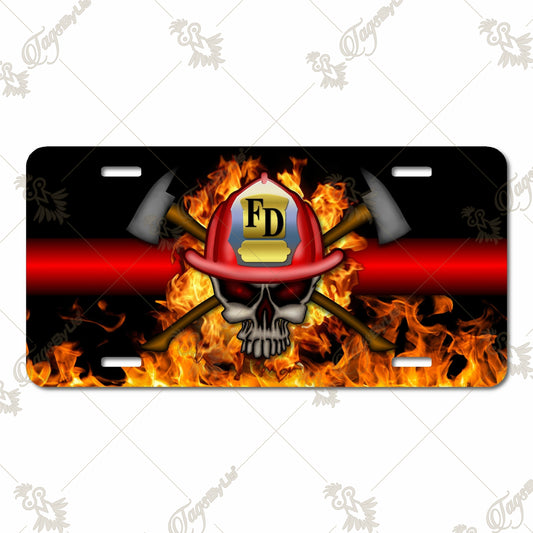 Firefighter Skull Aluminum License Plate - Sublimation Printed Fire Helmet Design with Axes and Flames for First Responders and Firefighter Pride