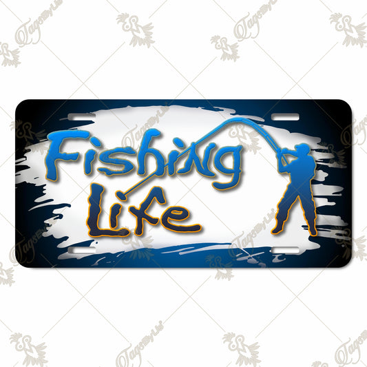 Fishing Life Aluminum License Plate – Vibrant Sublimation Print with Angler Silhouette and Bold Blue Design, Perfect for Fishing Enthusiasts