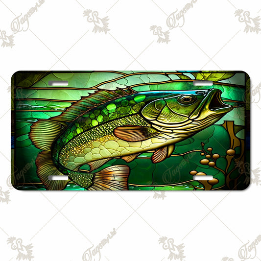 Vibrant Green Fish Aluminum License Plate - Artistic Bass Design with Stained Glass Style for Outdoor Enthusiasts & Anglers