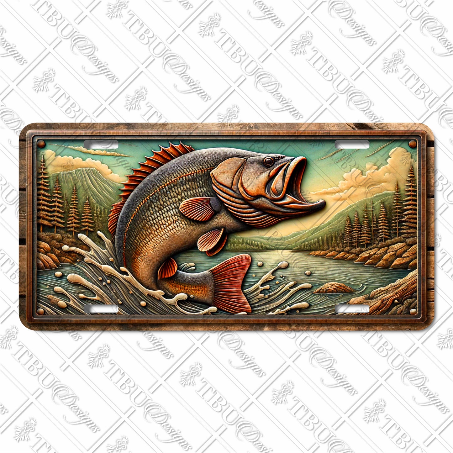 Largemouth Bass Jumping in Mountain Lake Sublimation Printed Aluminum License Plate - Vibrant and Durable Fishing-Themed Design