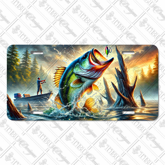 Dynamic Bass Fishing Aluminum License Plate – Exciting Angler Scene with Largemouth Bass in Action, Perfect for Fishing Enthusiasts