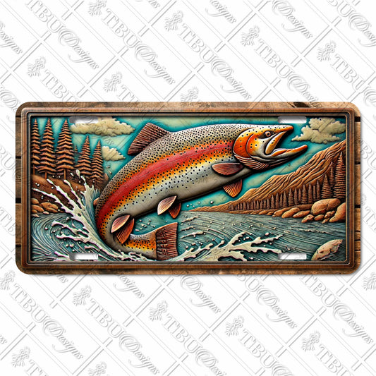 Vibrant Rainbow Trout Jumping in Wilderness Sublimated Aluminum License Plate – Stunning Fishing Art for Outdoor Enthusiasts