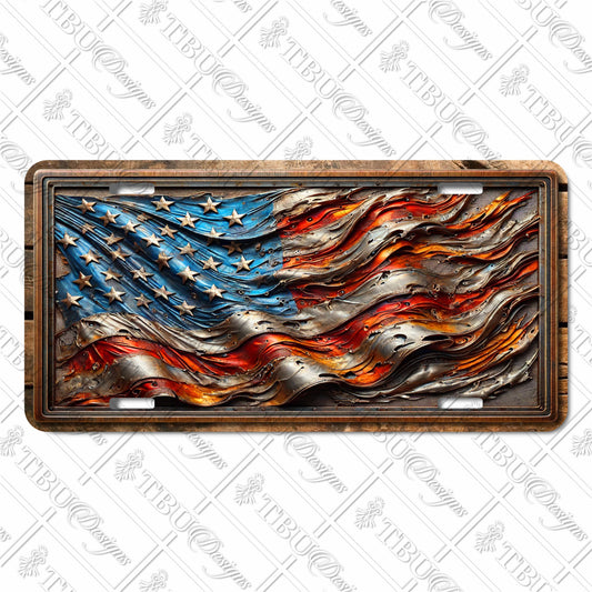 Patriotic American Flag Aluminum License Plate – Sublimation Print with Stunning 3D Wave Design for Cars, Trucks, and Motorcycles